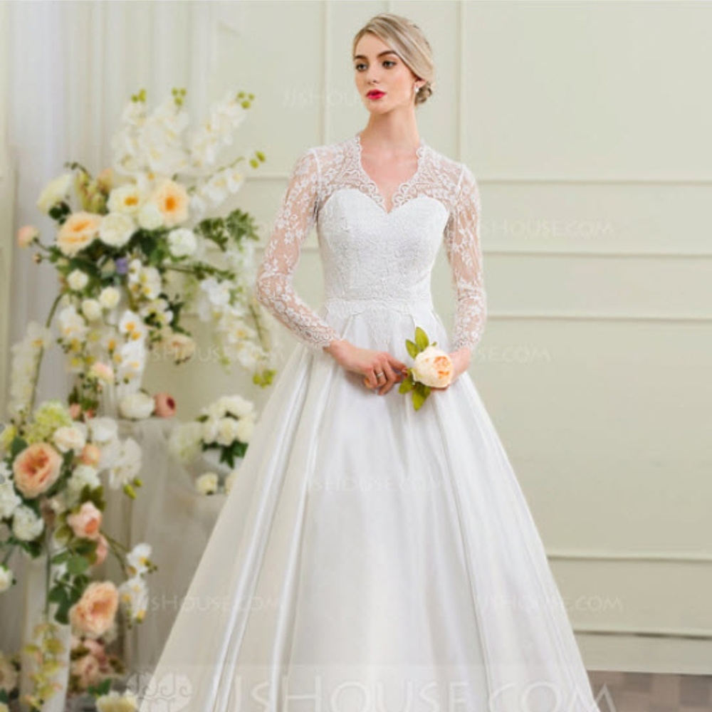 V-neck Cathedral Train Satin Wedding Dress